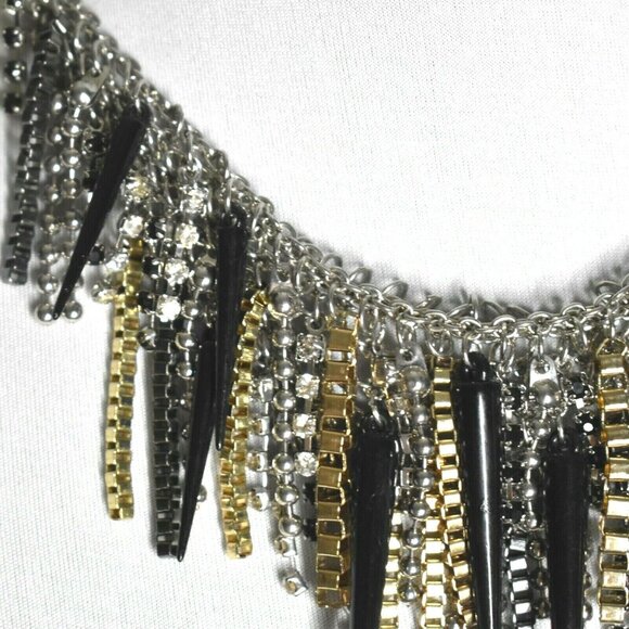 Adia Kibur Statement Necklace Bib Fringe Spikes Chain Rhinestones Silver Black - Picture 3 of 8